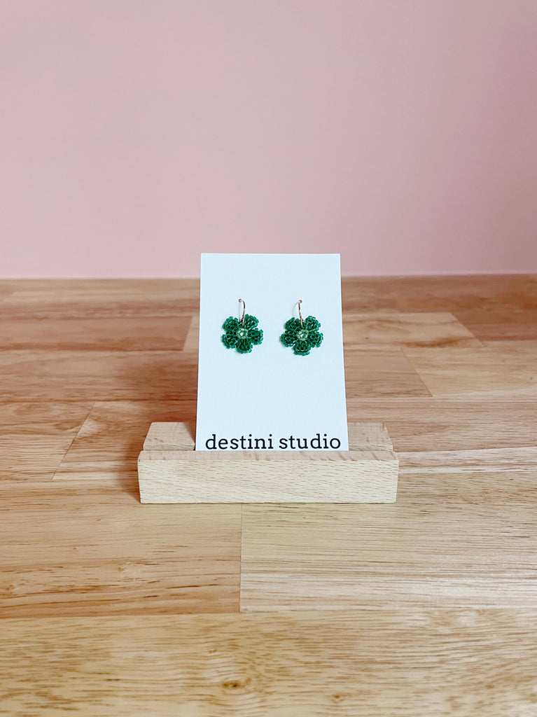 green flower seed beaded earrings on hanging hoops