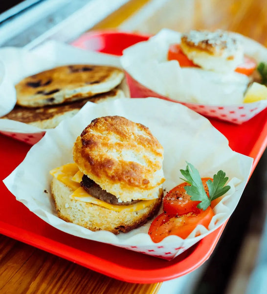 breakfast biscuits on red tray